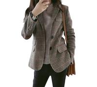 ebossy Womens Vintage Nothced Lapel Single Breasted Boyfriend Blazer Suits Houndstooth Plaid Jacket Coat with Patched Elbow, Khaki-a, XS