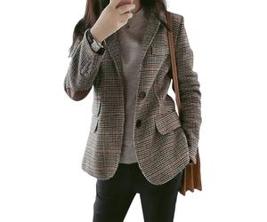 ebossy Womens Vintage Nothced Lapel Single Breasted Boyfriend Blazer Suits Houndstooth Plaid Jacket Coat with Patched Elbow, Khaki-a, M