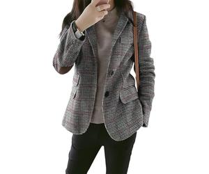 ebossy Womens Vintage Nothced Lapel Single Breasted Boyfriend Blazer Suits Houndstooth Plaid Jacket Coat with Patched Elbow, Grey, S