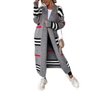 ebossy Women's Vintage Open Front Knit Striped Maxi Long Cardigan Sweater with Pockets, Grey, M