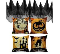 eBoutik - 4 Pieces Halloween Pillow Case - Spooky Sofa Linen Halloween Bed or Sofa Cushion Covers - Spooky Halloween Decoration (Happy Halloween)