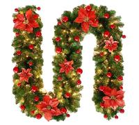eBoutik - 9FT Christmas Garland with Lights - Long Xmas Pine Wreath, Decor with140 Tips For Indoor & Outdoor Festive Decoration for Fireplace or Stairs (Red)