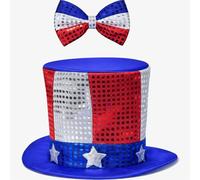 eBoutik - American Uncle Sam Hat & Bow Tie Set - Red White Blue Sequin Patriotic Costume Accessories for Adults - 4th July, Independence Day, Thanksgiving, USA Party Fancy Dress