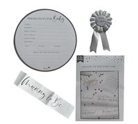 eBoutik - Baby Shower White and Gold Bundle Set, Unisex Sash for Mum to Be, Mum to Be Badge, Prediction Games, Guess The Bump Size - Novelty Party Games