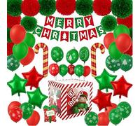 eBoutik - Christmas "Im Back" Magic Elf Arrival Delivery Box & Adhesive Icons - Children Red & White Transparent Box With Balloons Decoration - For Parties, Christmas Eve, Includes Xmas Party Pack