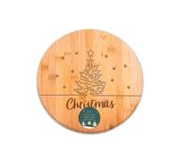 eBoutik - Christmas Round Bamboo Serving Board - Festive Xmas Design Holiday Theme for Cheese Board, Buffet of Display - Natural Wood Surface (Christmas Tree)