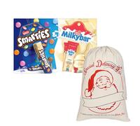 eBoutik - Christmas White Chocolate Selection Box, Milkybar Smarties Variety, Treats with Gift Bag Santa Sack, Stocking Fillers
