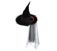 eBoutik - Delux Witch Hat for Adults, Halloween Costume Hat with Spider Web Veil, Fancy Floral Headwear, Adult Party Accessory For Horror Costumes