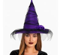eBoutik - Delux Witch Hat with Spider Web Veil - Large all round Purple Halloween Costume Accessory, for Kids and Adults - Spooky Witch Cosplay Outfit For Horror Parties