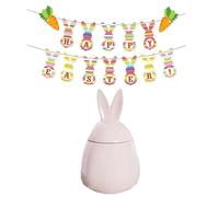 eBoutik - Easter Ceramic Rabbit Storage Jar - Bunny Canister with Airtight Lid, Decorative Container for Treats, Sweets, Tea With Happy Easter bunting for Party or Home Spring Decor (Pink)