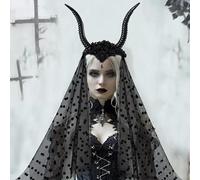 eBoutik - Evil Queen Gothic Horns Headband with Black Lace Veil Halloween Costume Accessory - Villain Horror Cosplay Headpiece Dark Fairy For Spooky Parties