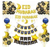 eBoutik - Extra Large Bundle Eid Mubarak Decorations Blue & Gold - Banner with Large Balloon Bundle - Ramadan Kareem Islamic Bunting Garland - Eid al-Fitr & Eid al-Adha Party Decor