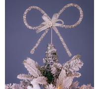 eBoutik - Festive Decorative Christmas Tree Topper Bow with Silver Glitter like Rhinestones, Silver 3D Glitter Ornament, For Holiday Xmas Decoration @ Home