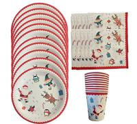 eBoutik - Festive Party Food Serving Set - Christmas or Boxing Day Buffett Disposable Dinnerware Set - Xmas Tableware Decorations (White (Plates, Napkins and Cups))