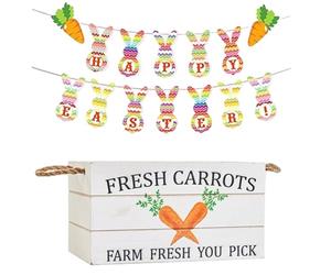 eBoutik - Fun Farmhouse Style Easter Wooden Crate Hamper Box with Handles - Make Your Own Easter Basket for Kids With 2set Happy Easter Bunting Decoration For Party or Egg Hunt