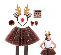 eBoutik - Fun Novelty Festive Adult Christmas Reindeer Costume Set with Antler Headband, Bow Tie, Tutu Skirt, Red Nose & Face Sticker for Adults & Children @ Xmas