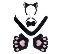 eBoutik Halloween Anime Cat Costume Set - Fluffy Ears Headband, Bowtie, Tail & Paw Gloves - Cute Wolf Animal Cosplay for Fancy Dress & Trick-or-Treat Parties (Black)
