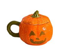 eBoutik - Halloween Ceramic Coffee Mug with Lid - Autumn Spooky Pumpkin or Ghost Design for Coffee, Tea or Soup - Cosy Warm Cup Bowl with Top Lid (Pumpkin)
