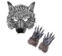 eBoutik - Halloween Werewolf Mask & Wolf Claws/Paws Gloves - Adult Creepy Spooky Haunted Costume - Hairy Furry Latex Wolf Overhead Mask