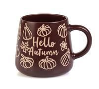 eBoutik - Large Hello Autumn Design Coffee Mug - Tea Cup for Thanksgiving Halloween Cosy Seasons Holiday -Pumpkin & Leaves Design (Dark Red)