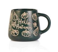 eBoutik - Large Hello Autumn Design Coffee Mug - Tea Cup for Thanksgiving Halloween Cosy Seasons Holiday -Pumpkin & Leaves Design (Green)