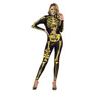 eBoutik - Novelty Adult Halloween Costume - Day Of The Dead - Women's Body Jumpsuit Outfit - Nightmare Spooky Day Of The Dead Skeleton Design for Parties (Golden Skeleton (M))