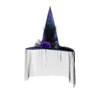 eBoutik - Purple Halloween Witch Hat with Spider Web Veil and Roses, Purple Deluxe Costume Accessory for Kids and Adults For Spooky Party Costumes