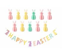 eBoutik - Set of 2 Colourful Happy Easter Honeycomb Bunny Decorations - Hanging Garland 2-Piece Party Set For Spring time Easter Egg Hunt In Garden Decor