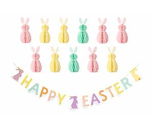eBoutik - Set of 2 Colourful Happy Easter Honeycomb Bunny Decorations - Hanging Garland 2-Piece Party Set For Spring time Easter Egg Hunt In Garden Decor