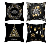 eBoutik - Set of Four Christmas Cushion Covers - Xmas Festive Pillow Decor Designs For Sofa & Beds - Decorative Accessories - Black & Gold