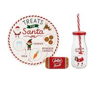 eBoutik - Ultimate Christmas Eve Plate, Glass Milk Bottle & Biscuit - Reusable Santa Design Bottle with Straw, Unbreakable Board with Sections for Milk, Cookies, for Santa Festive Holiday Decor