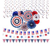 eBoutik - Ultimate Thanksgiving USA American Patriotic Party Decorations Set - Red, White & Blue Hanging Bunting, Paper Fans, American Flags Décor, Celebrate, Christmas 4th July Independence Day -