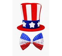 eBoutik - USA Uncle Sam Costume Accessories Set - Patriotic Hat & Sequin Bow Tie - 4th July Independence Day Fancy Dress for Adults - American Party, Halloween, Thanksgiving