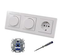 EBROM SET IDEE: REV Ritter (2 x) LED Rotary Dimmer Dimmer + Gira Dimmer Discs 065003 and Socket with Child Protection 445303 in System E2 Pure White Glossy + EBROM Phase Tester for Mounting Devices