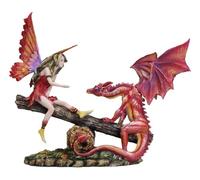 Ebros Amy Brown Playground Buddies Enchanted Elf Fire Fairy FAE with Red Dragon Sitting On Forest Wood Logs Seesaw Statue 8.5" Tall Fantasy Faery Garden Collectible Figurine
