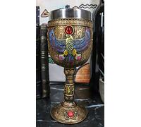 Ebros Ancient Egyptian Wine Goblet In Golden Hieroglyphic Design With Gods Of Egypt Face 6oz 7"Tall (Horus Falcon)