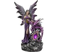 Ebros Beautiful Purple Fairy with Dragon Sitting On LED Crystal Geode Night Light Statue Decorative Mythical Fantasy Forest Magic Figurine Collectible Medieval Fairies Dungeons and Dragons Decor