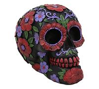 Ebros Black Day of The Dead Floral Blooms Sugar Skull Figurine DOD Skulls Statue 6" Long As Halloween Ossuary Macabre Decor Collectible (Summer Red and Purple Flowers with Green Petals)