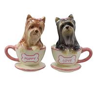 Ebros Ceramic Black And Tan Yorkshire Terriers Yorkie Pet Dogs In Teacups Salt And Pepper Shakers Set Puppy Love Figurines Party Kitchen Tabletop Collectible Decorative Accents