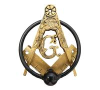 Ebros Gift Antiqued Faux Gold Freemasons Freemasonry Masonic Square and Compasses Monogram Decorative Door Knocker with Scroll Art Crafted Resin with Metal Ring Hardware