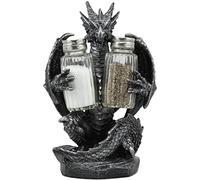 Ebros Gift "Blackened Spice" Black Semi Metallic Colored Medieval Gothic Dragon Salt And Pepper Shakers Set Holder Statue 7.75"Tall Legend Of The Swords Fantasy Scorch Fire Dragon Figurine