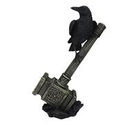 Ebros Gift Huginn Muninn Odin Raven Perching On Thor Hammer Mjolnir with Runes Symbol and Triple Horn Skaldenmet Decorative Figurine Norse God of Thunder Collectible Sculpture