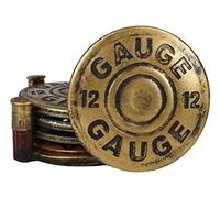 Ebros Gift Western 12 Gauge Golden Bullet Shells Round Coaster Set with 4 Coasters and Sculptural Holder Decorative Figurine 5" Wide Rustic Country Furniture Protector Accent