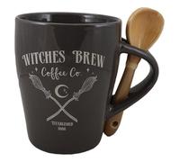 Ebros Gift Wicca Sacred Moon Crossed Inverted Broomsticks Witches Brew Coffee Co Ceramic Mug And Spoon Set With Built In Spoon Rest Handle 15oz Coffee Tea Drink Cup Mugs