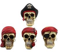 Ebros Nautical Macabre Pirate Captain Marauders Skull Mini Figurines Pack 3.5"High Caribbean Sea Ossuary Skeletons Craniums Halloween Buccaneer Pirates Wearing Red Bandana Crossbones Hat Earrings (4)