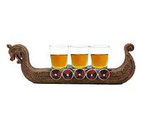 Ebros Scandinavian Viking Fjord Norseman Dragon Longship 3 Shotglass Shooter Holder Statue 11.25" Long War Vessel Battle Ship Dragonboat Prototype Sculpture Figurine Barware Decor