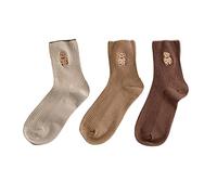 EBSBAG 3 Pairs Lot Cotton Women Socks Set Bear Embroidered Kawaii Cartoon Girl Winter Summer Cute Casual Long Soft White Pack (Color : L, Size : One Size)