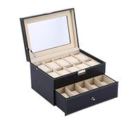 EBTOOLS 2 Tier Watch Box Case for 20 Watches, Multi Watch Drawer Organizer with Detachable Mat, Stylish Black Storage Solution for Women and Men