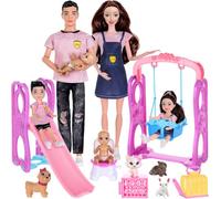 ebuddy Family Dolls Playset Include Total 6pcs People: 11.5 inch Pregnant Mom, Dad, a Small Baby in Mommy's Tummy and Two Kids,one Baby with Accessories Like Pets, Swing, Slid Present for Kids 3+
