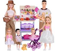 ebuddy Family Dolls Playset Include Total 7pcs People: 11.5 inch Mom, Dad, Three Daughters, One Son and A Baby with Accessories Like Dog, Pet Stroller, Supermarket Shelf Toys for Kids 3+